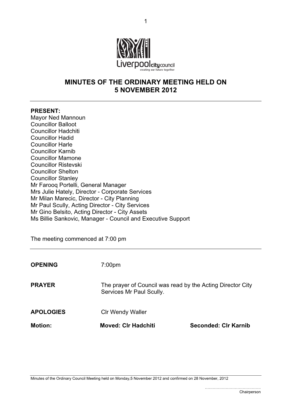 Minutes of the Ordinary Meeting Held on 5 November 2012