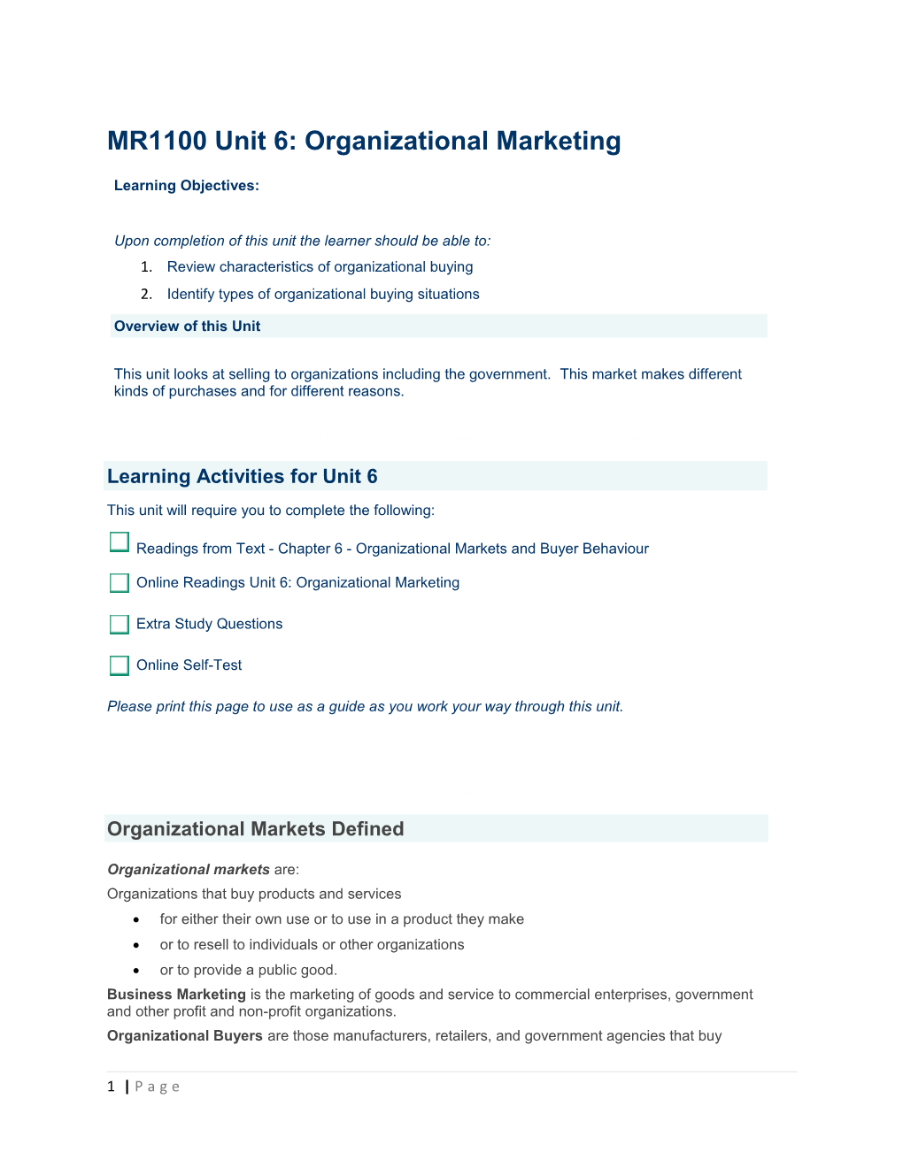 MR1100 Marketing I - PT (CL) - Unit6. Organizational Marketing - Learning Activities