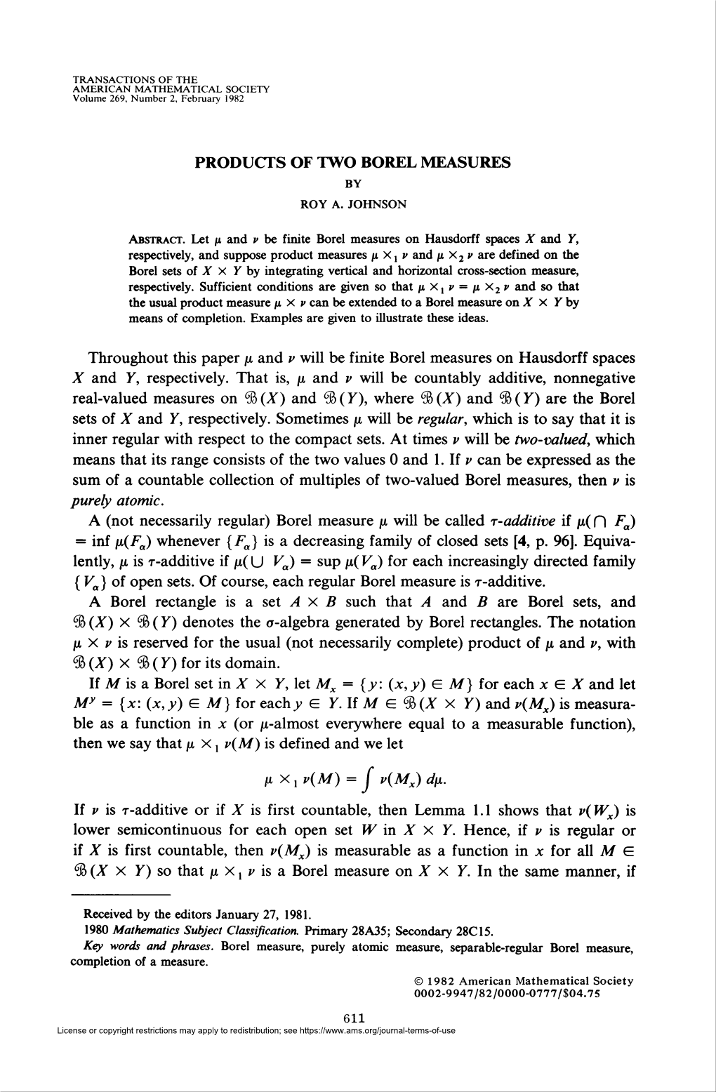 Products of Two Borel Measures by Roy A