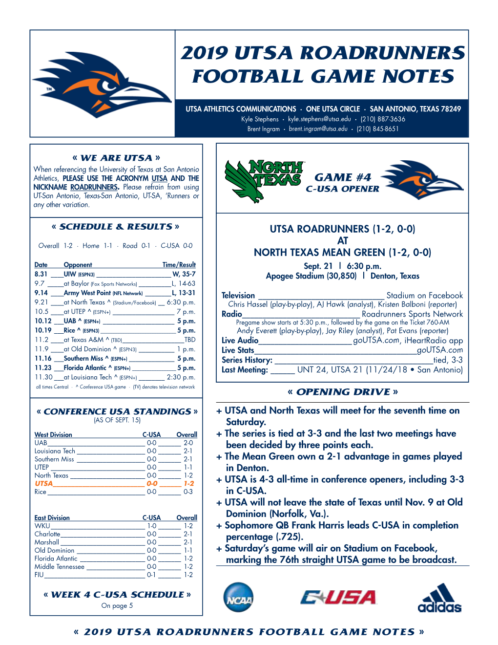 2019 Utsa Roadrunners Football Game Notes