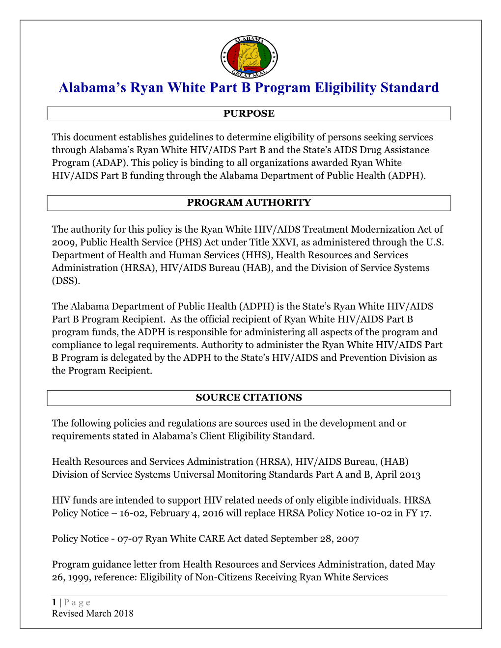 Alabama's Ryan White Part B Program Eligibility Standard