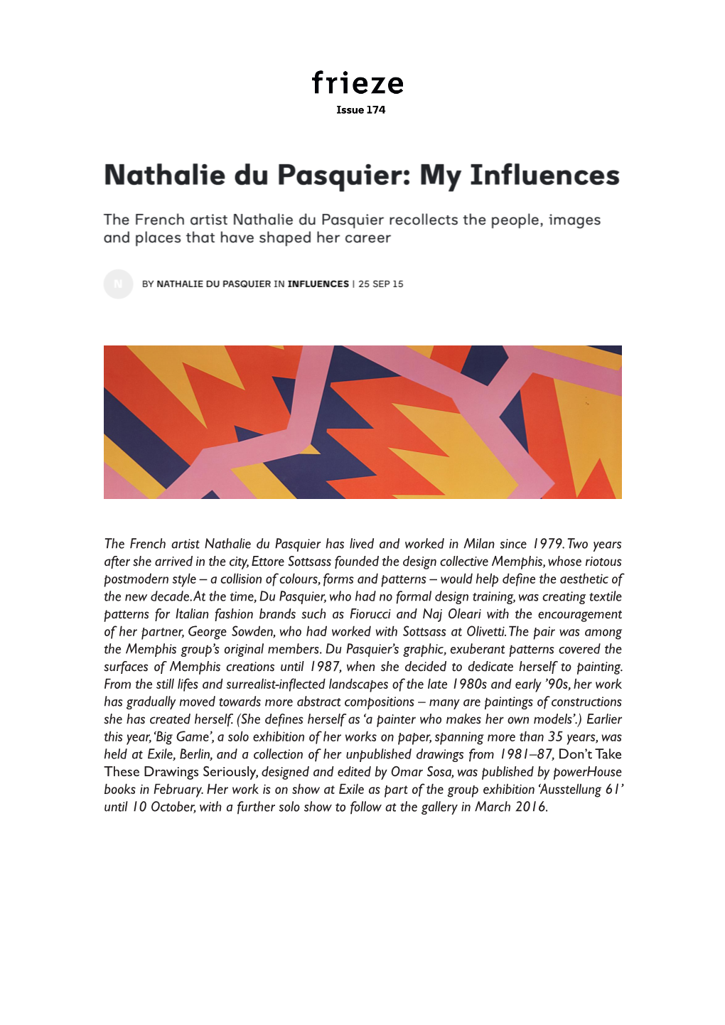 The French Artist Nathalie Du Pasquier Has Lived and Worked in Milan Since 1979