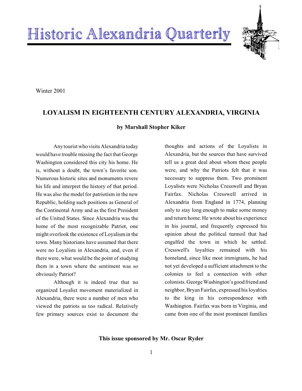 Loyalism in Eighteenth Century Alexandria, Virginia