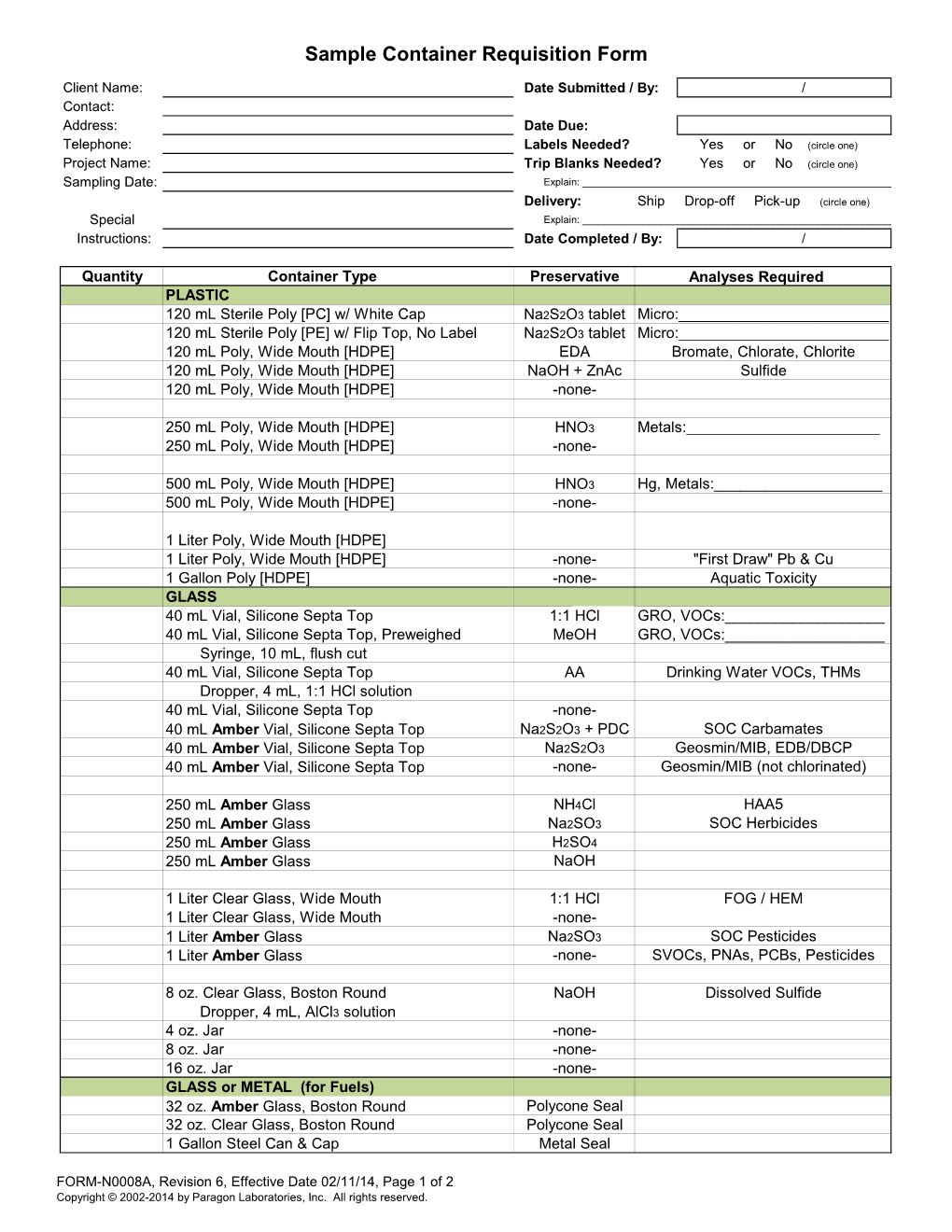 Sample Container Requisition Form