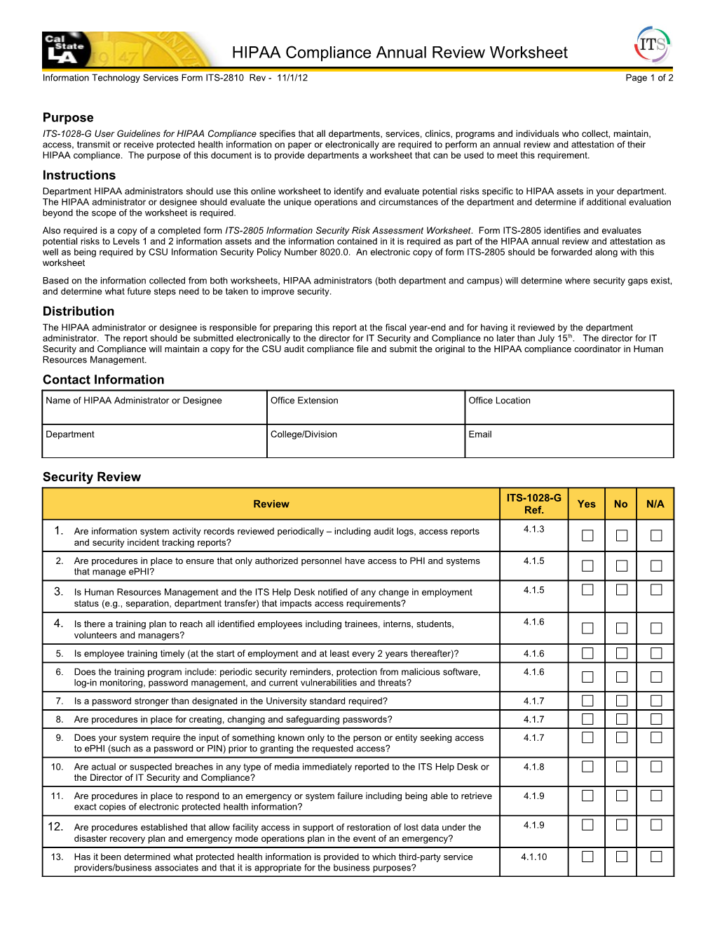 ITS-2810 HIPAA Compliance Annual Review Worksheet