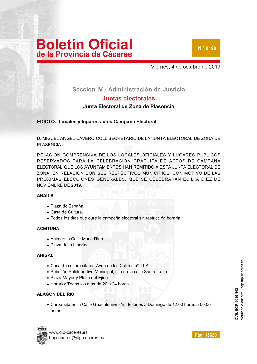 Sección IV - Administración De Justicia Juntas Electorales Junta Electoral De Zona De Plasencia