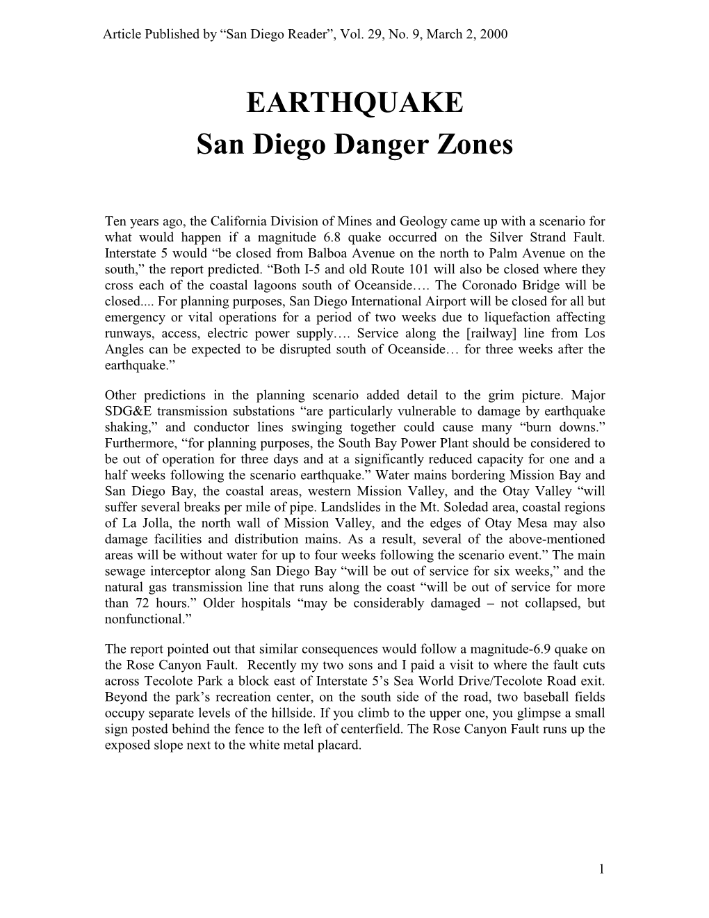 EARTHQUAKE San Diego Danger Zones