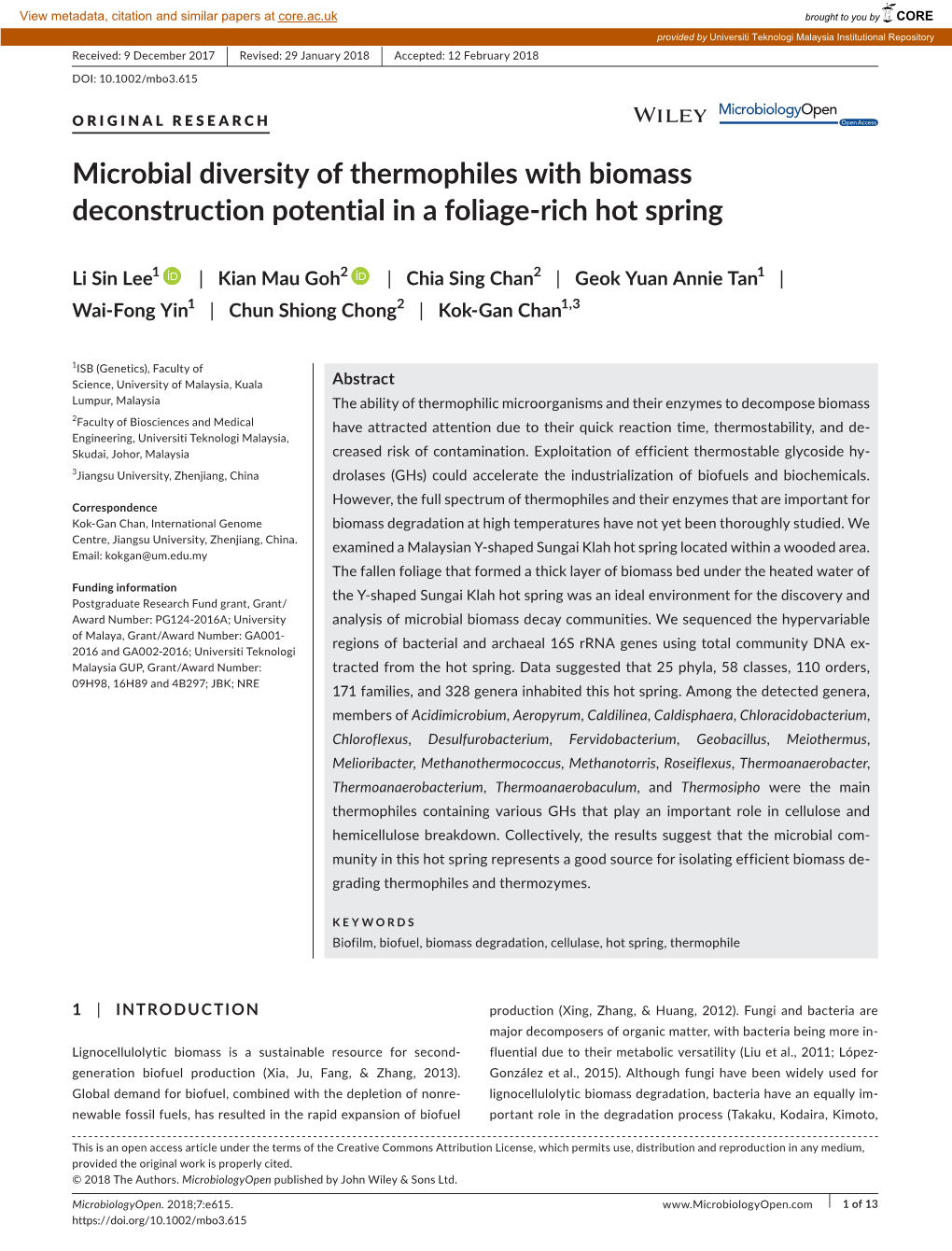 Microbial Diversity of Thermophiles with Biomass Deconstruction Potential in a Foliage-­Rich Hot Spring