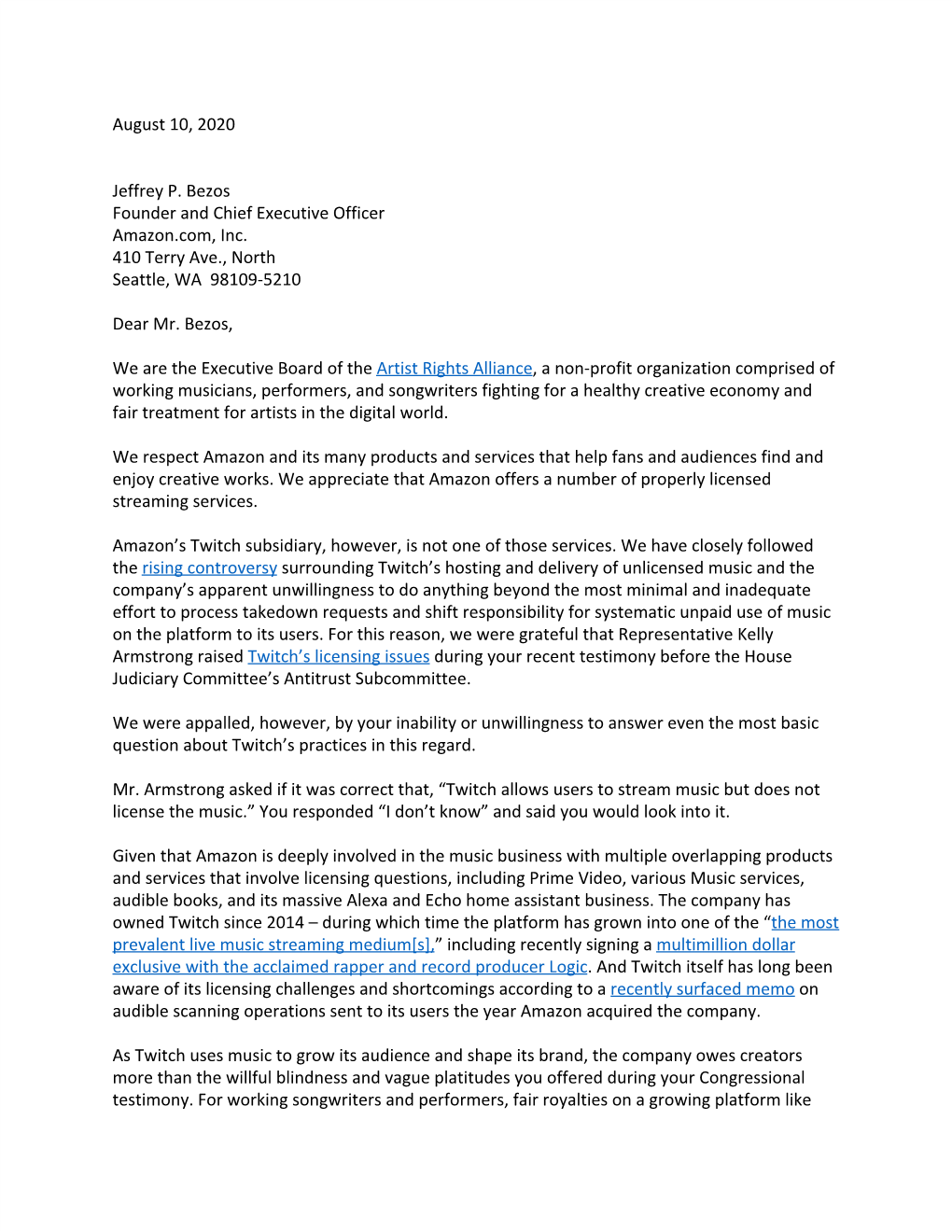 ARA Letter to Jeff Bezos Re Twitch 8.6.20