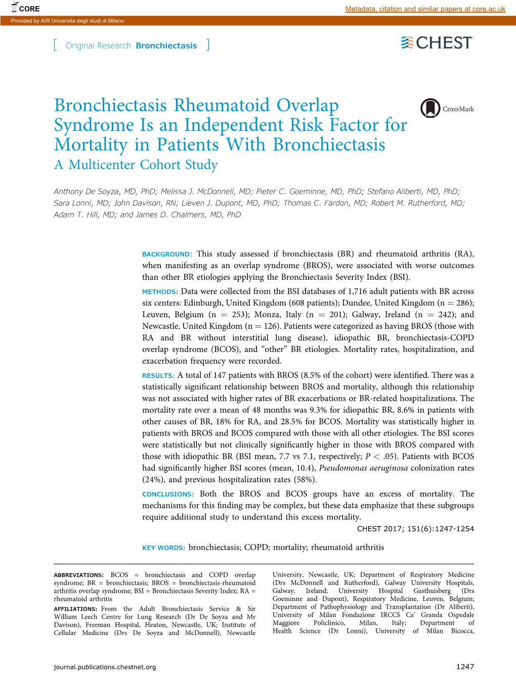 Bronchiectasis Rheumatoid Overlap Syndrome Is an Independent Risk&Nbsp