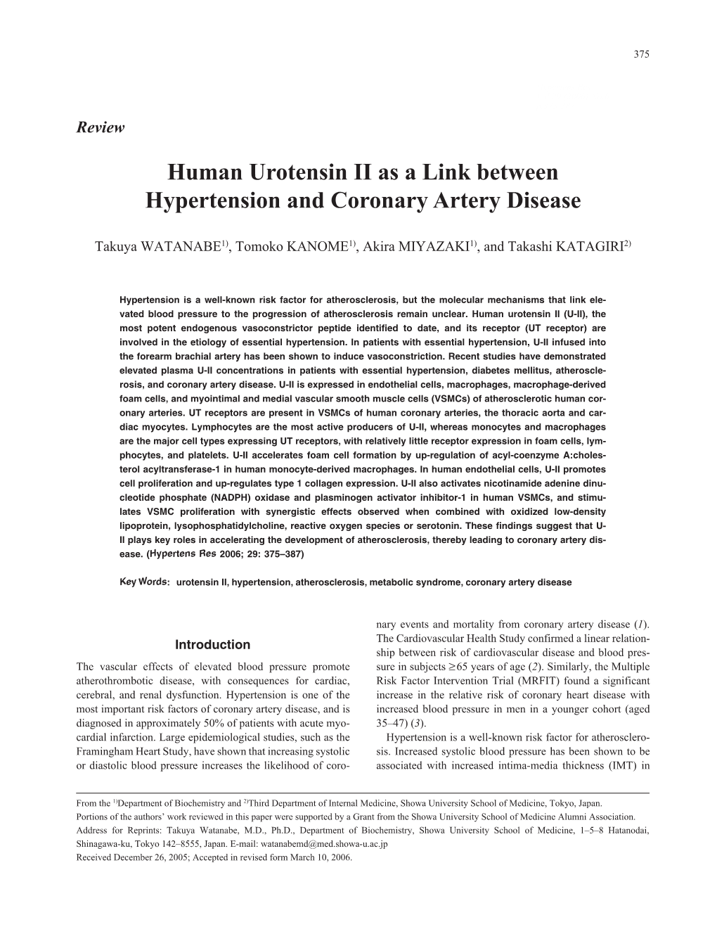 Human Urotensin II As a Link Between Hypertension and Coronary Artery Disease