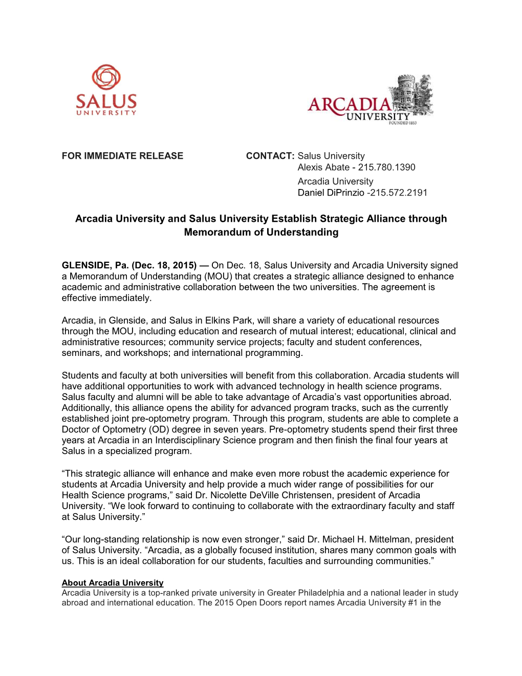 Arcadia University and Salus University Establish Strategic Alliance Through Memorandum of Understanding