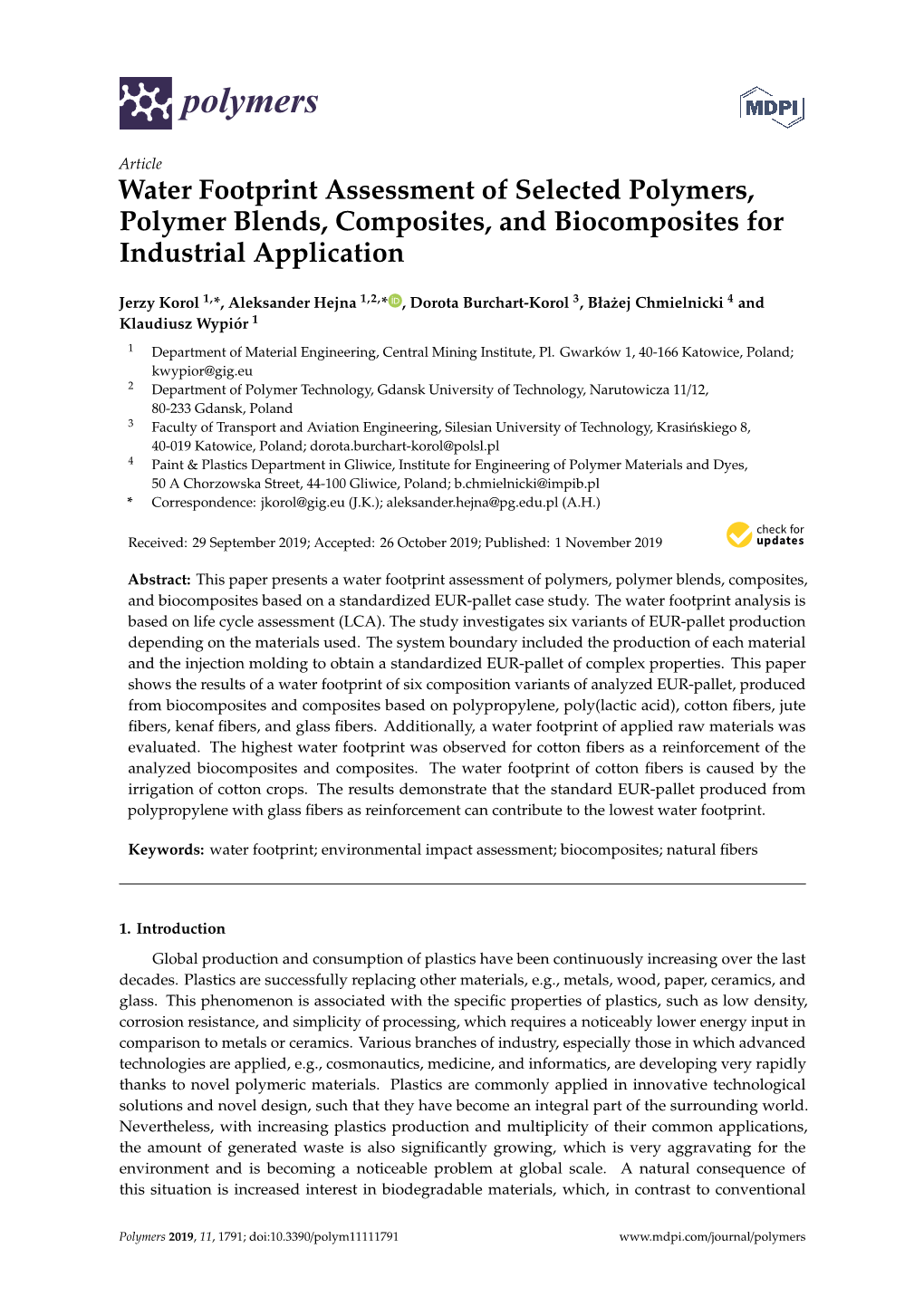 Water Footprint Assessment of Selected Polymers, Polymer Blends, Composites, and Biocomposites for Industrial Application