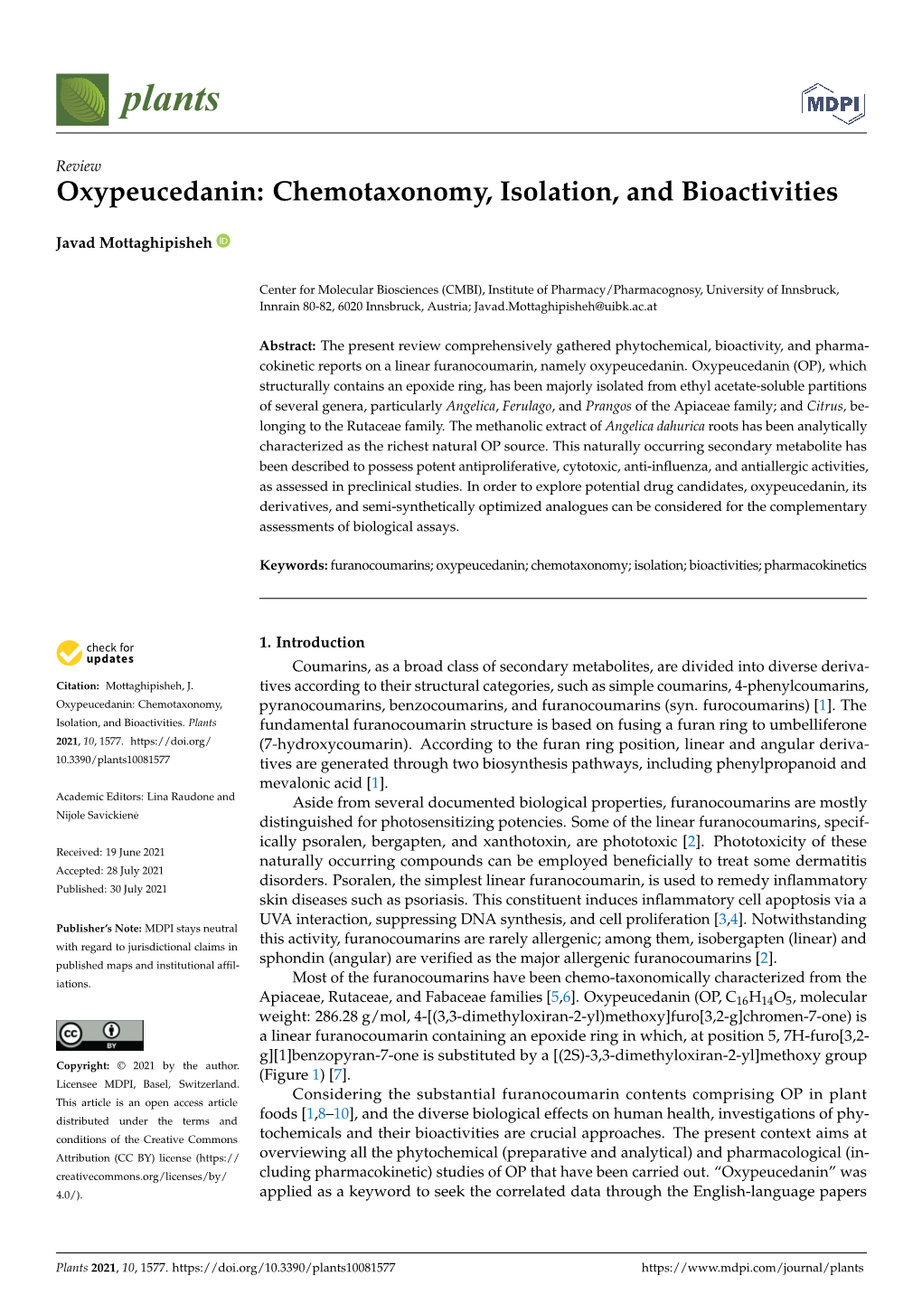 Oxypeucedanin: Chemotaxonomy, Isolation, and Bioactivities