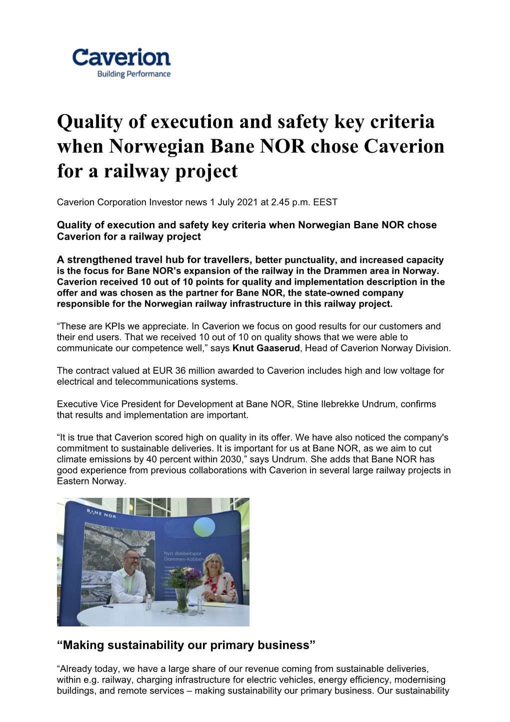 Quality of Execution and Safety Key Criteria When Norwegian Bane NOR Chose Caverion for a Railway Project