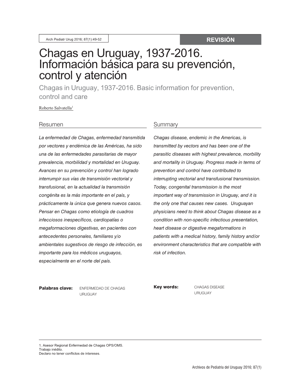 Chagas En Uruguay, 1937-2016. Información Básica Para Su Prevención, Control Y Atención Chagas in Uruguay, 1937-2016