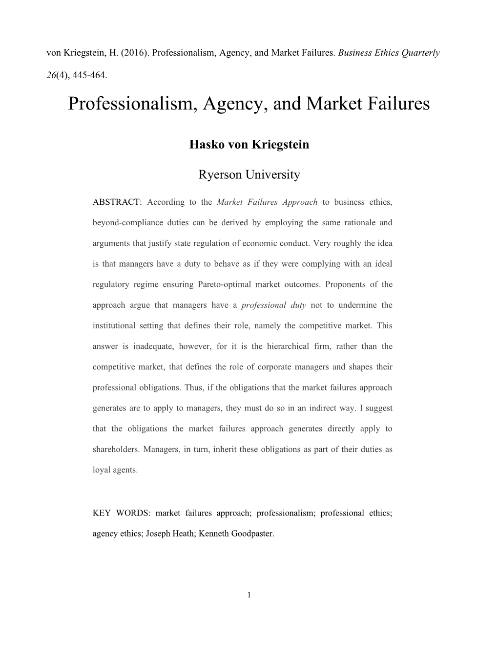 Professionalism, Agency, and Market Failures