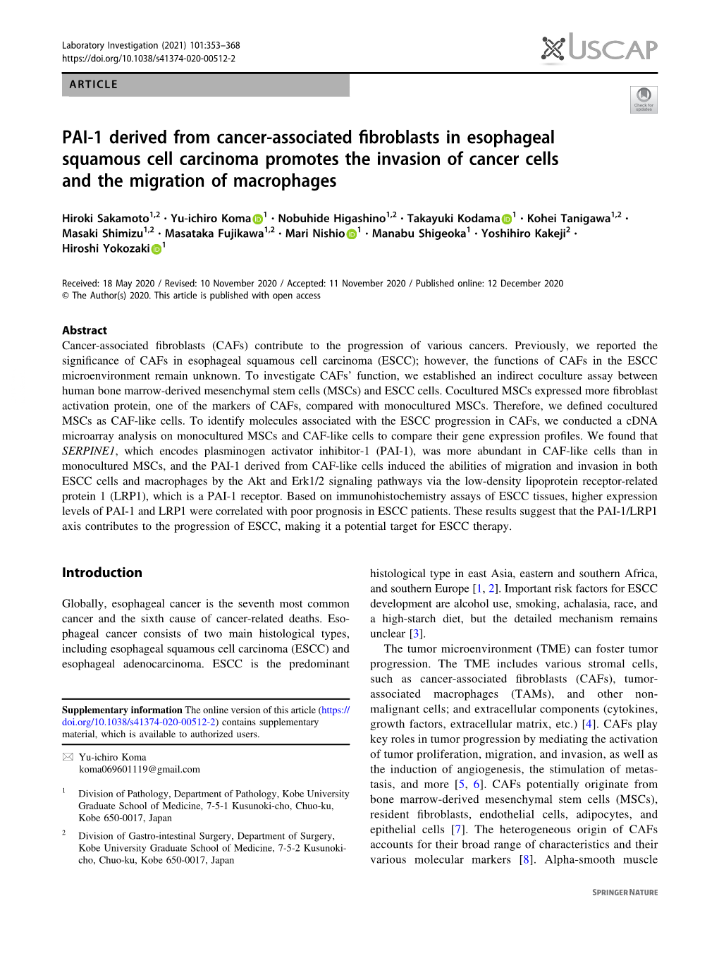 PAI-1 Derived from Cancer-Associated Fibroblasts in Esophageal