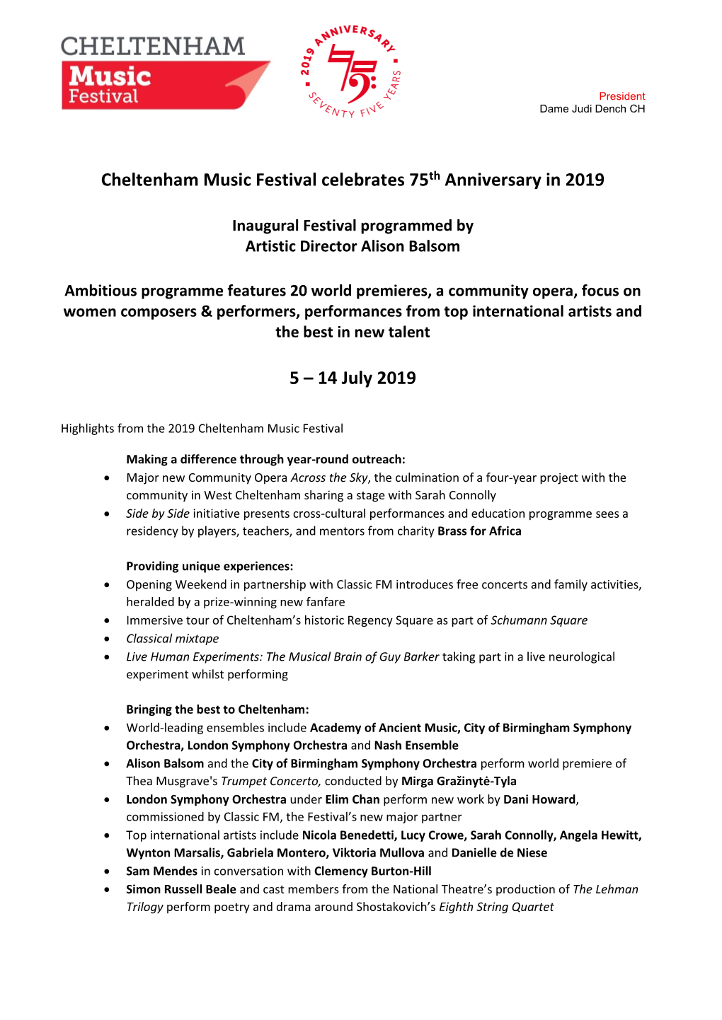 Cheltenham Music Festival Celebrates 75Th Anniversary in 2019