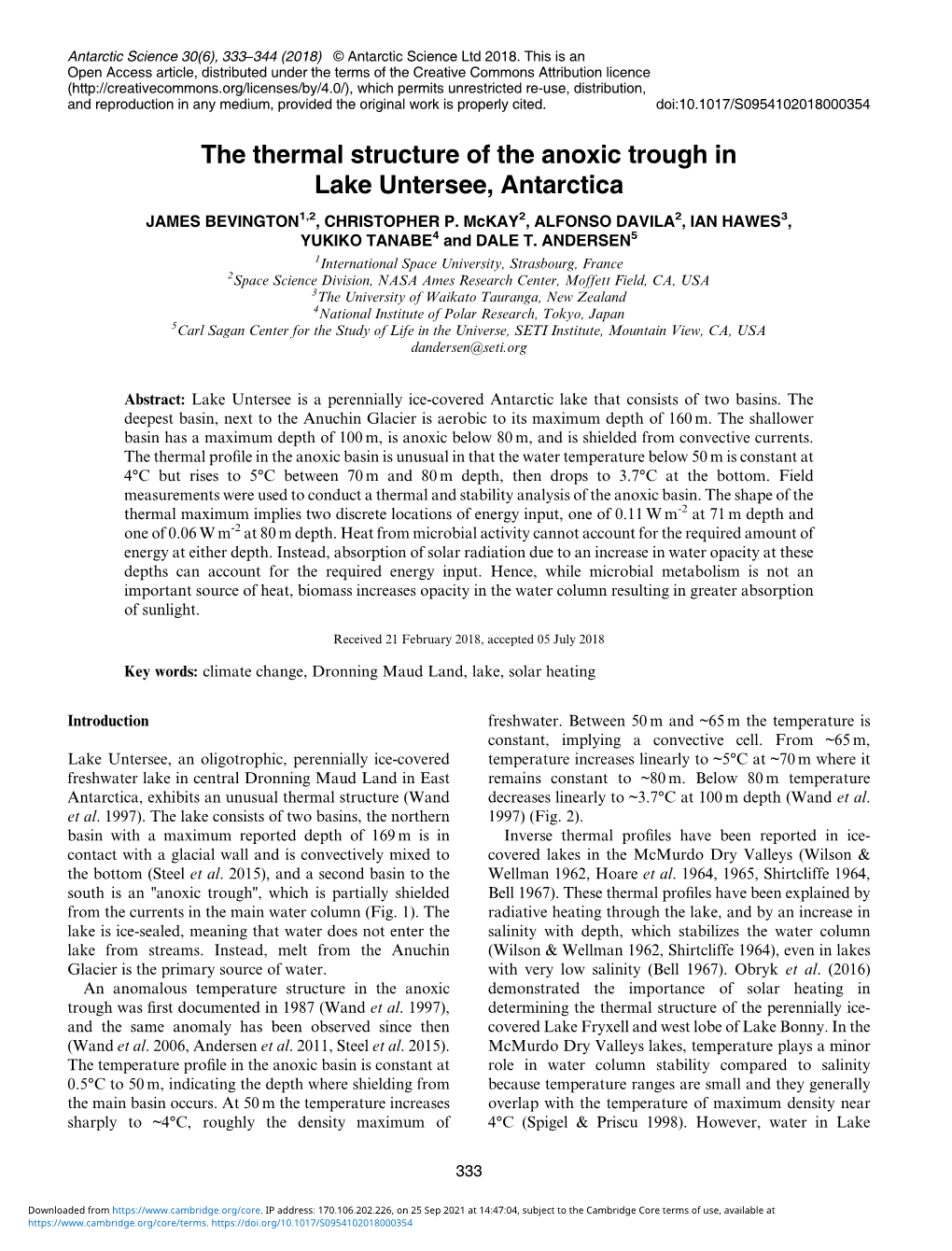 The Thermal Structure of the Anoxic Trough in Lake Untersee, Antarctica JAMES BEVINGTON1,2, CHRISTOPHER P