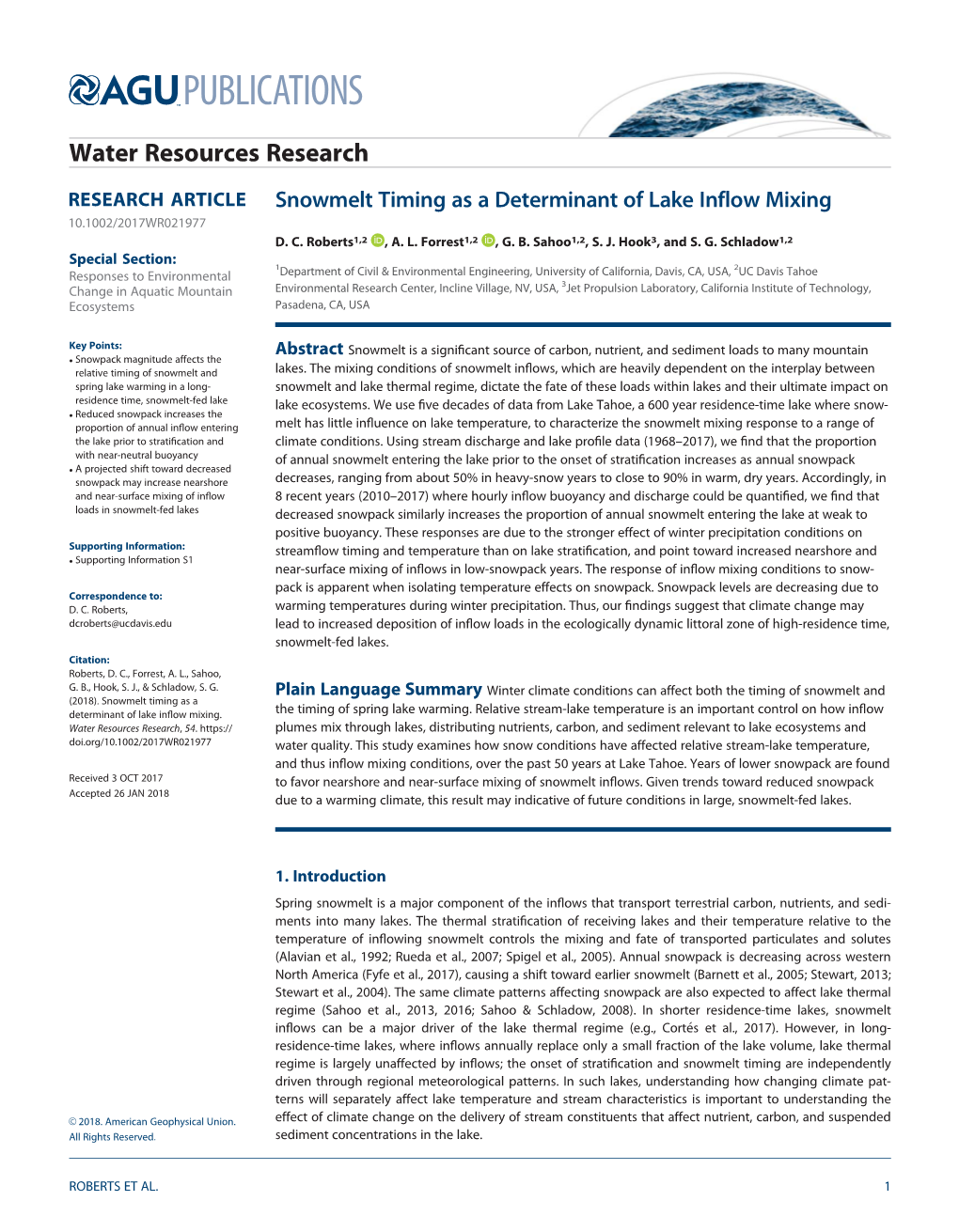 Snowmelt Timing As a Determinant of Lake Inflow Mixing 10.1002/2017WR021977 D