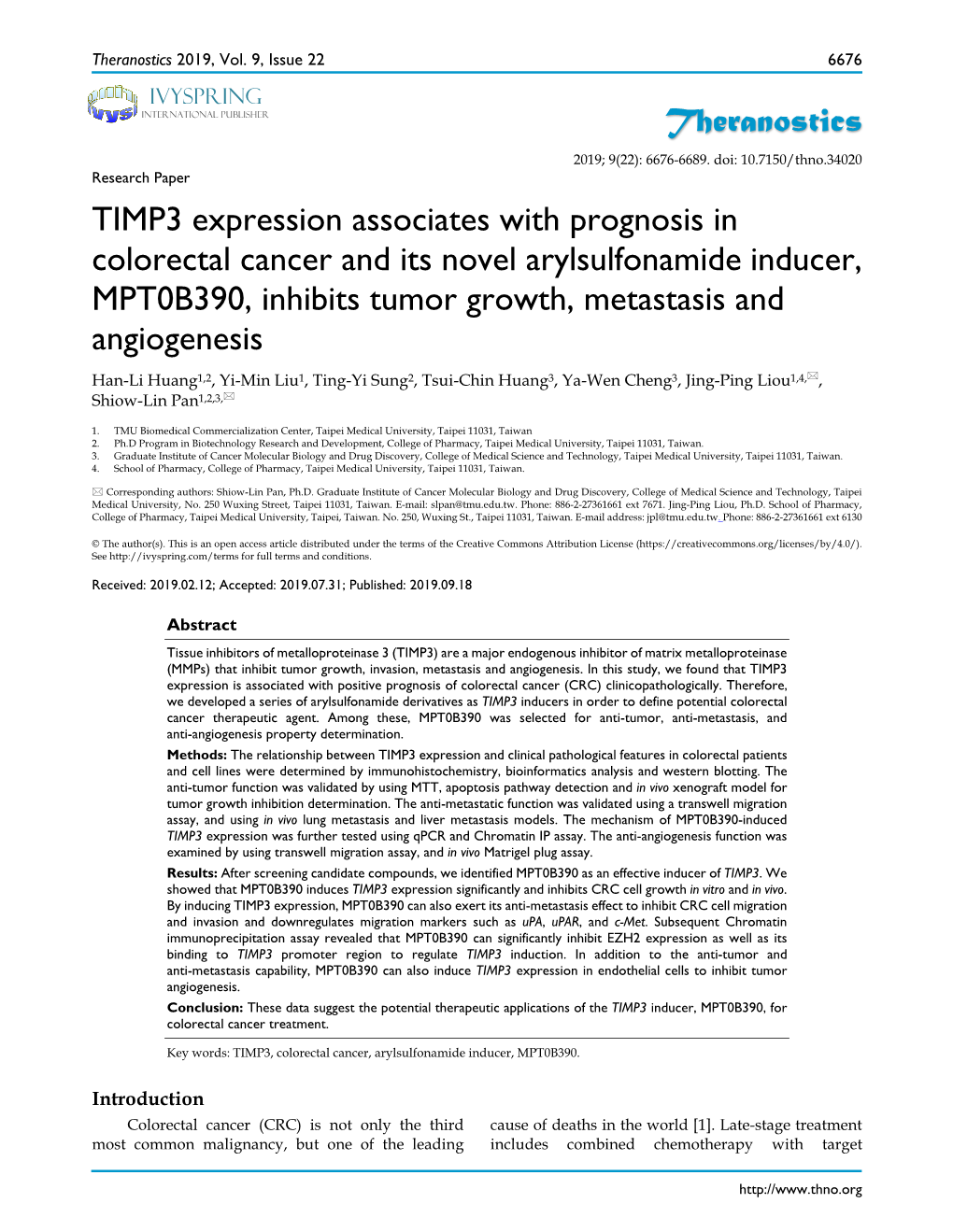 Theranostics TIMP3 Expression Associates with Prognosis In