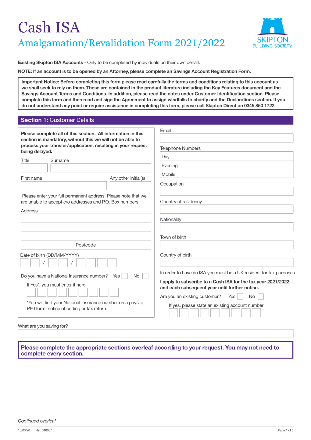 Cash ISA Amalgamation/Revalidation Form 2021/2022