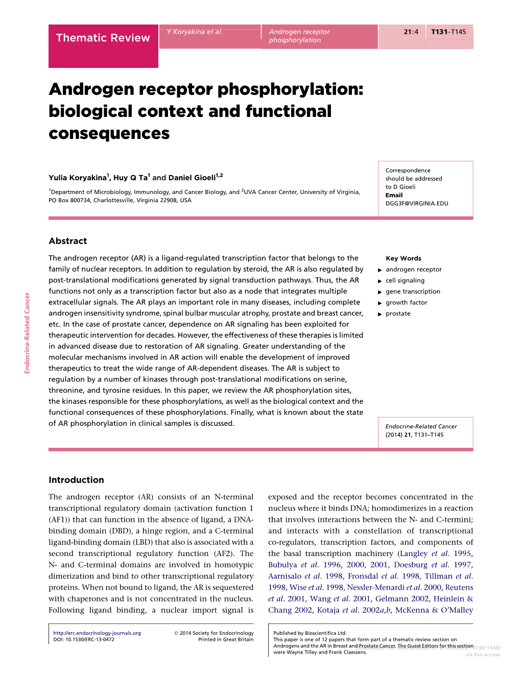 Androgen Receptor Phosphorylation: Biological Context and Functional Consequences