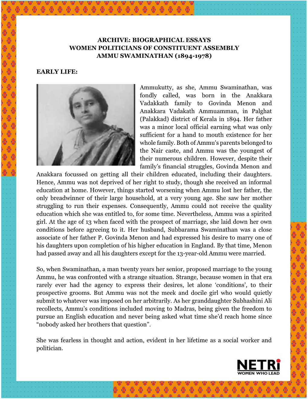 Archive: Biographical Essays Women Politicians of Constituent Assembly Ammu Swaminathan (1894-1978)