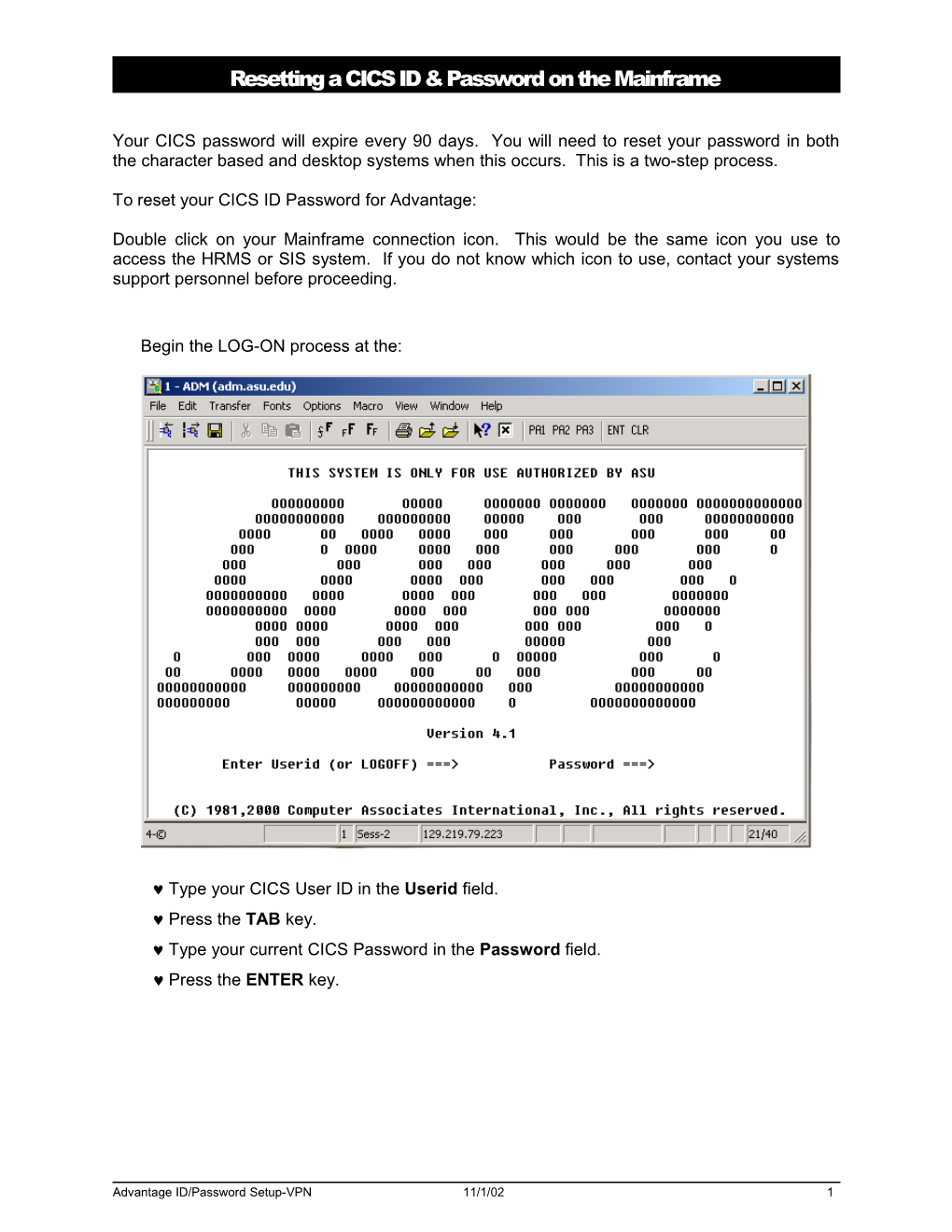 Resetting The CICS ID/Password