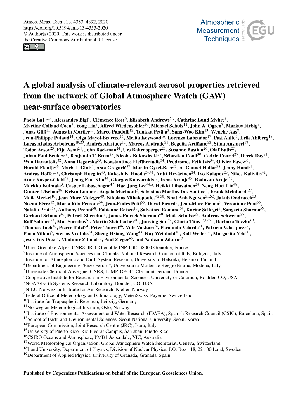 A Global Analysis of Climate-Relevant Aerosol Properties Retrieved from the Network of Global Atmosphere Watch (GAW) Near-Surface Observatories