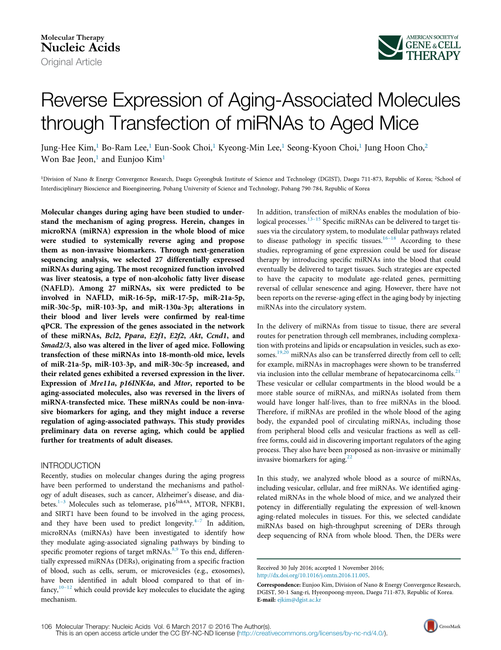 Reverse Expression of Aging-Associated Molecules Through Transfection of Mirnas to Aged Mice