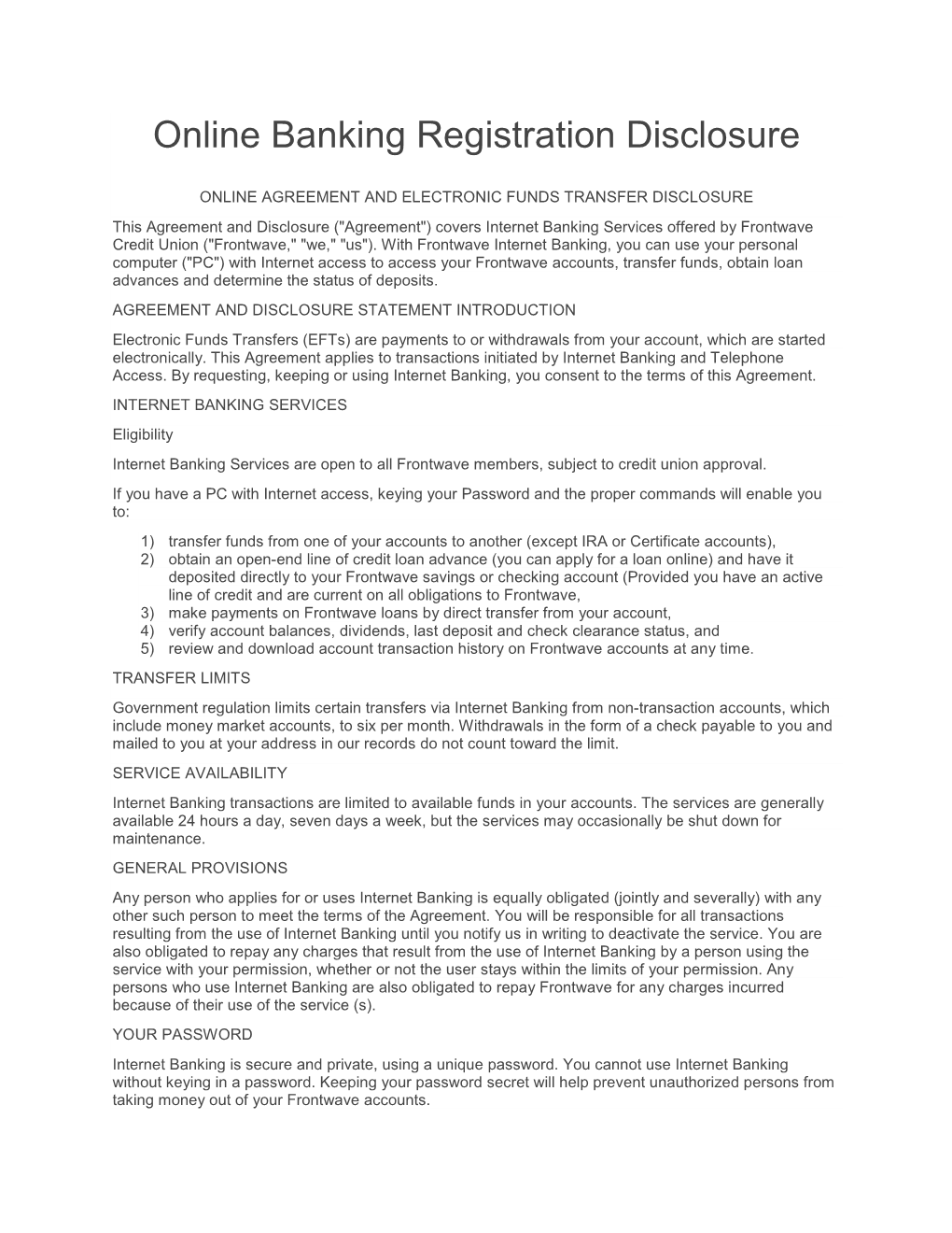 Online Banking Registration Disclosure