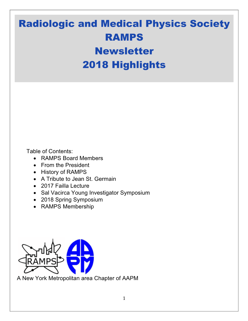 Radiologic and Medical Physics Society RAMPS Newsletter 2018 Highlights