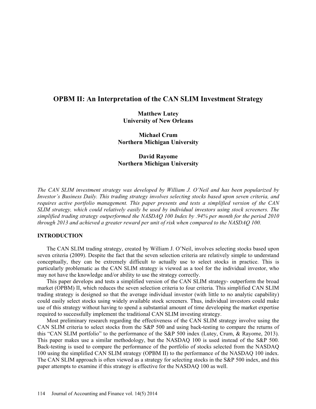 OPBM II: an Interpretation of the CAN SLIM Investment Strategy