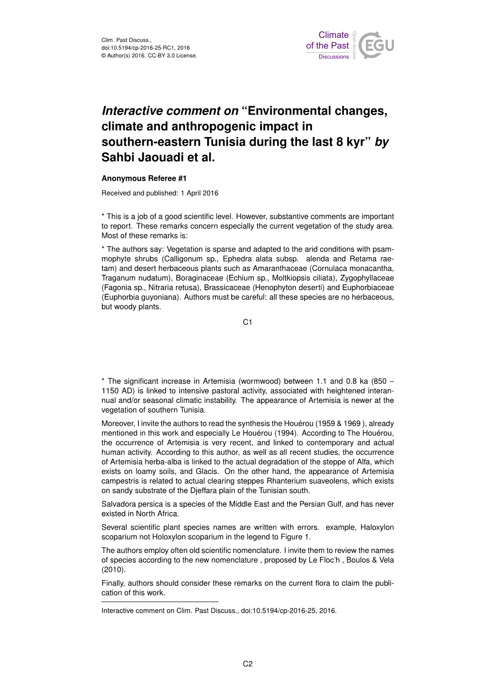 Environmental Changes, Climate and Anthropogenic Impact in Southern-Eastern Tunisia During the Last 8 Kyr” by Sahbi Jaouadi Et Al