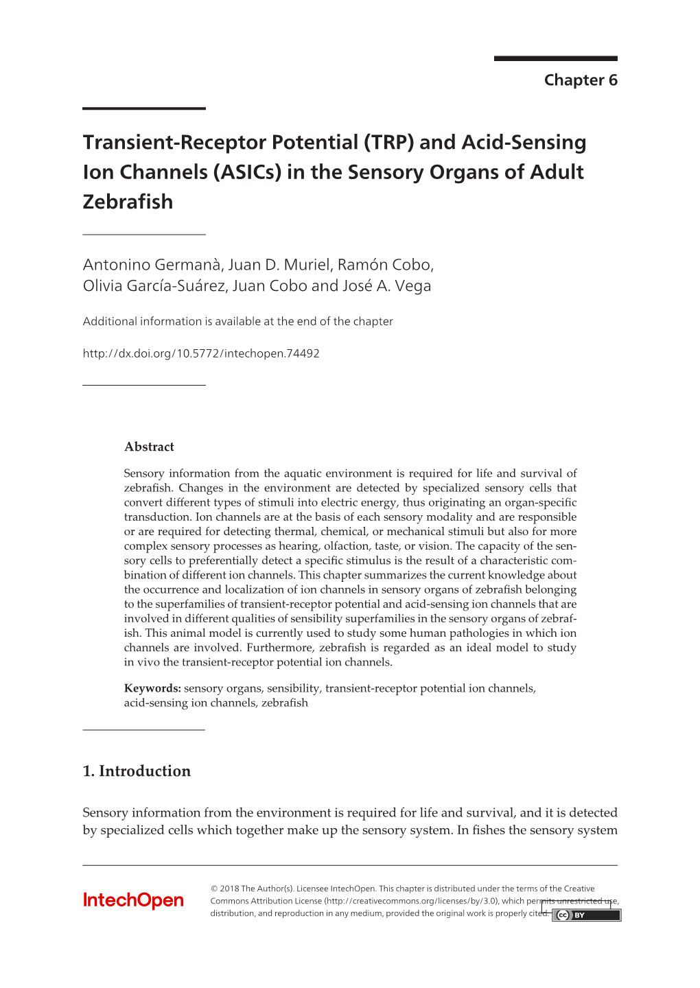 (TRP) and Acid-Sensing Ion Channels (Asics) in the Sensory Organs of Adult Zebrafish