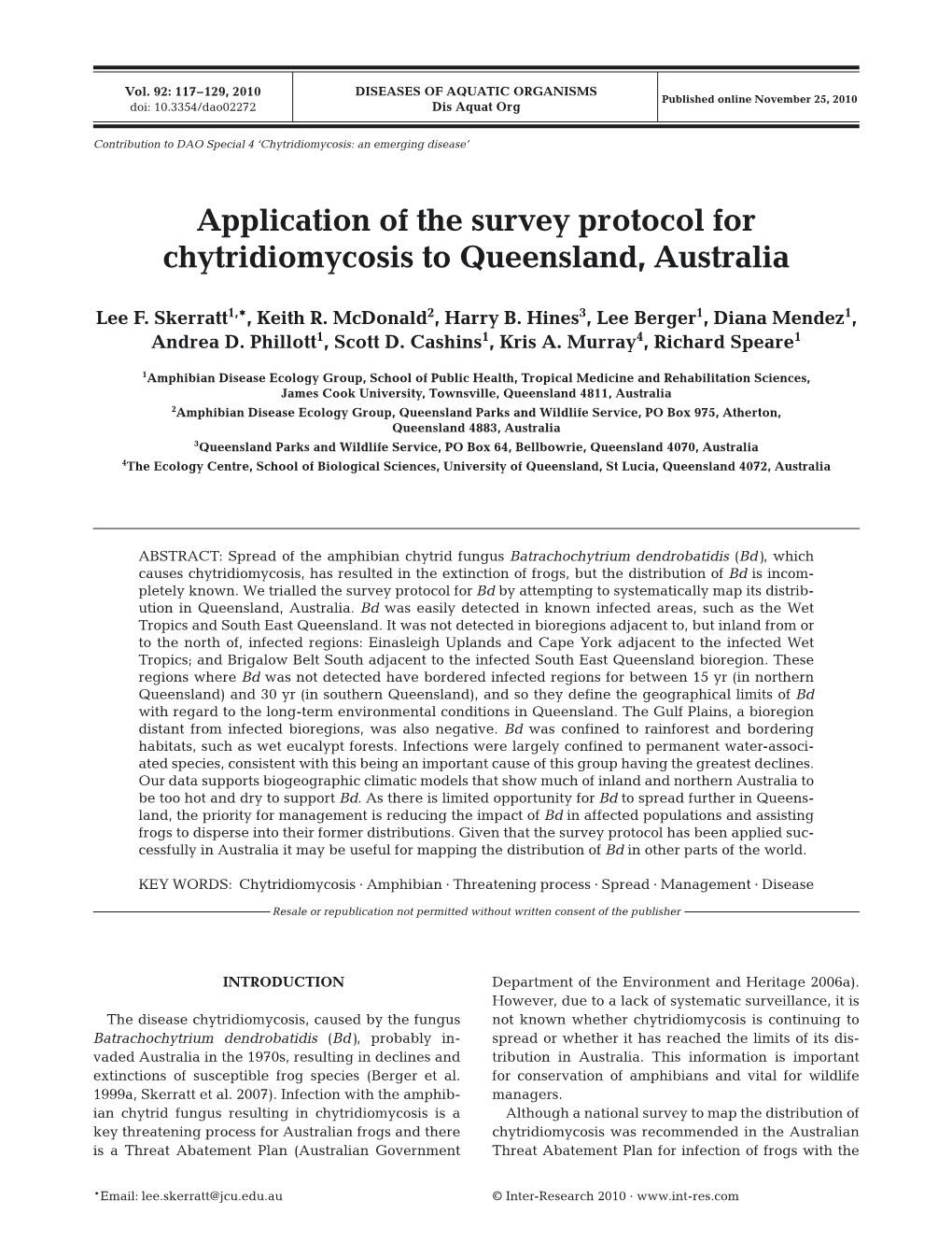 Application of the Survey Protocol for Chytridiomycosis to Queensland, Australia