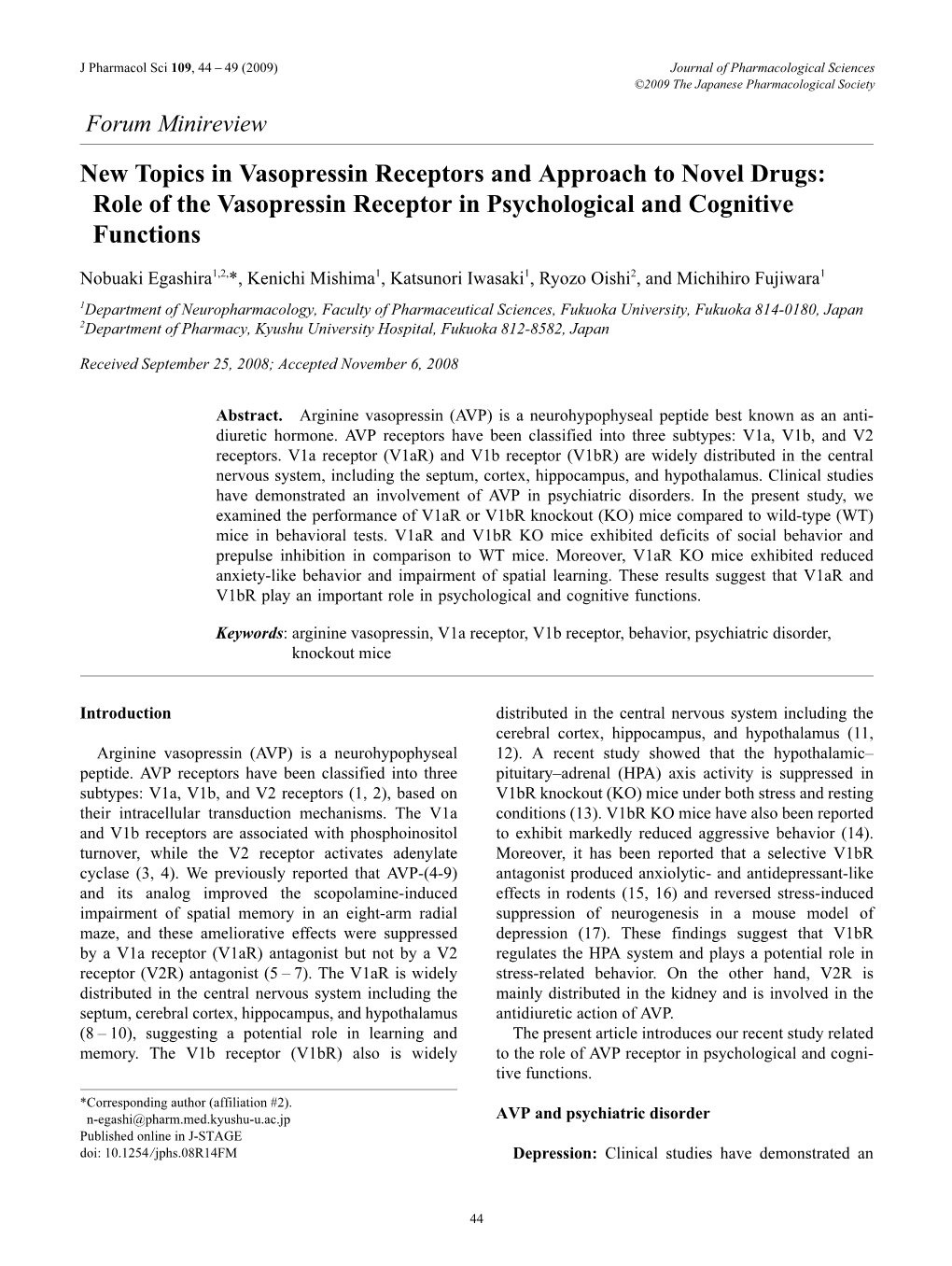 Role of the Vasopressin Receptor in Psychological and Cognitive Functions