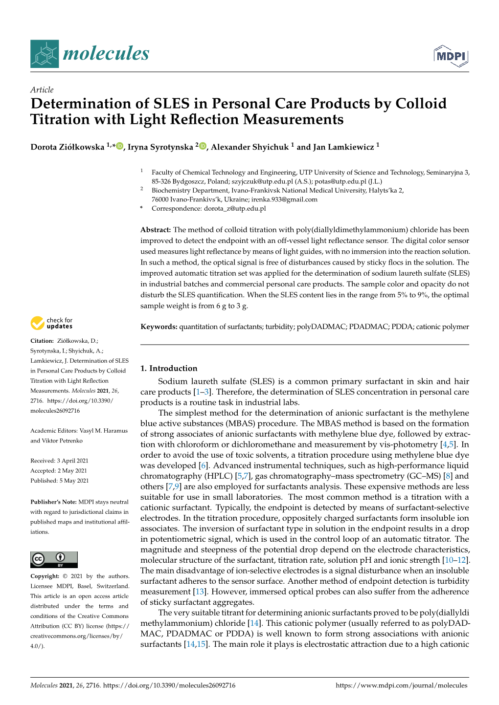 Determination of SLES in Personal Care Products by Colloid Titration with Light Reﬂection Measurements