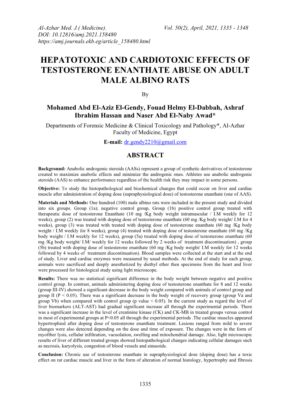 Hepatotoxic and Cardiotoxic Effects of Testosterone Enanthate Abuse on Adult Male Albino Rats