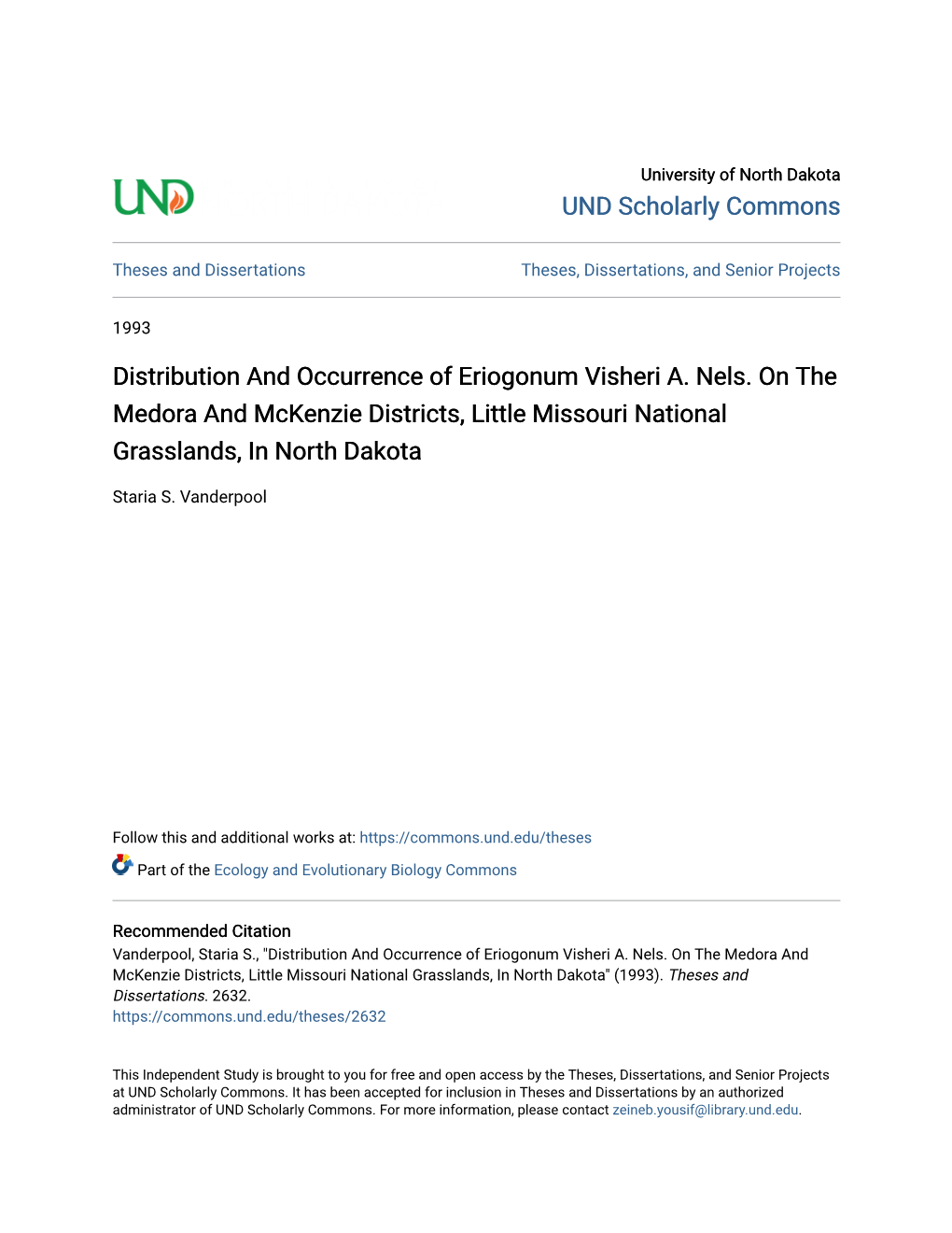 Distribution and Occurrence of Eriogonum Visheri A. Nels. on the Medora and Mckenzie Districts, Little Missouri National Grasslands, in North Dakota