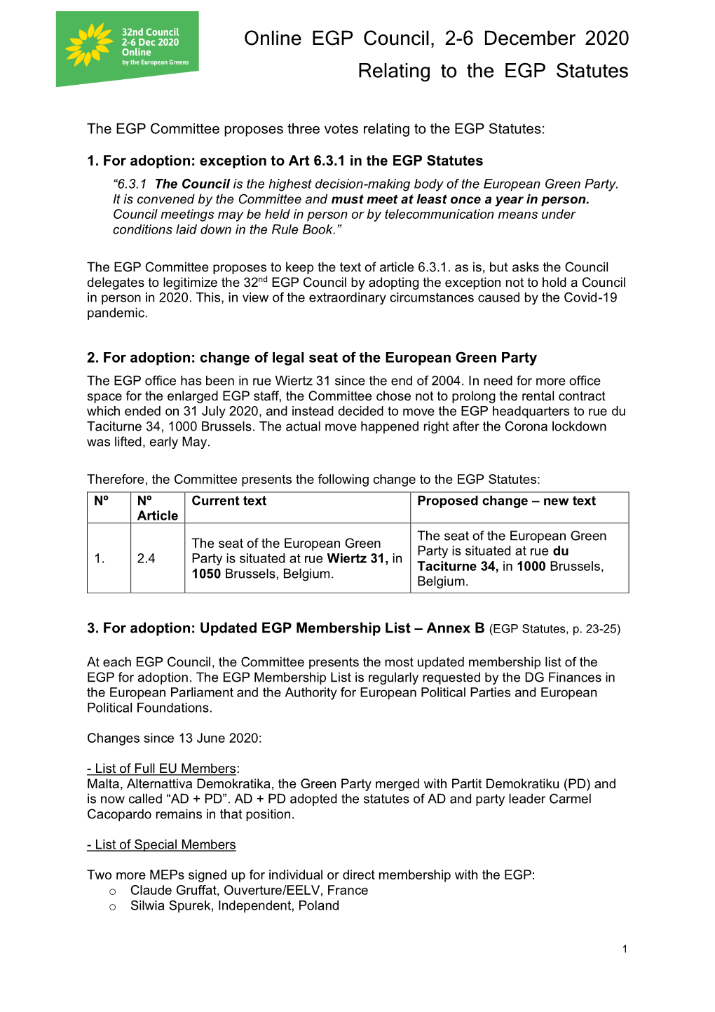 Online EGP Council, 2-6 December 2020 Relating to the EGP Statutes