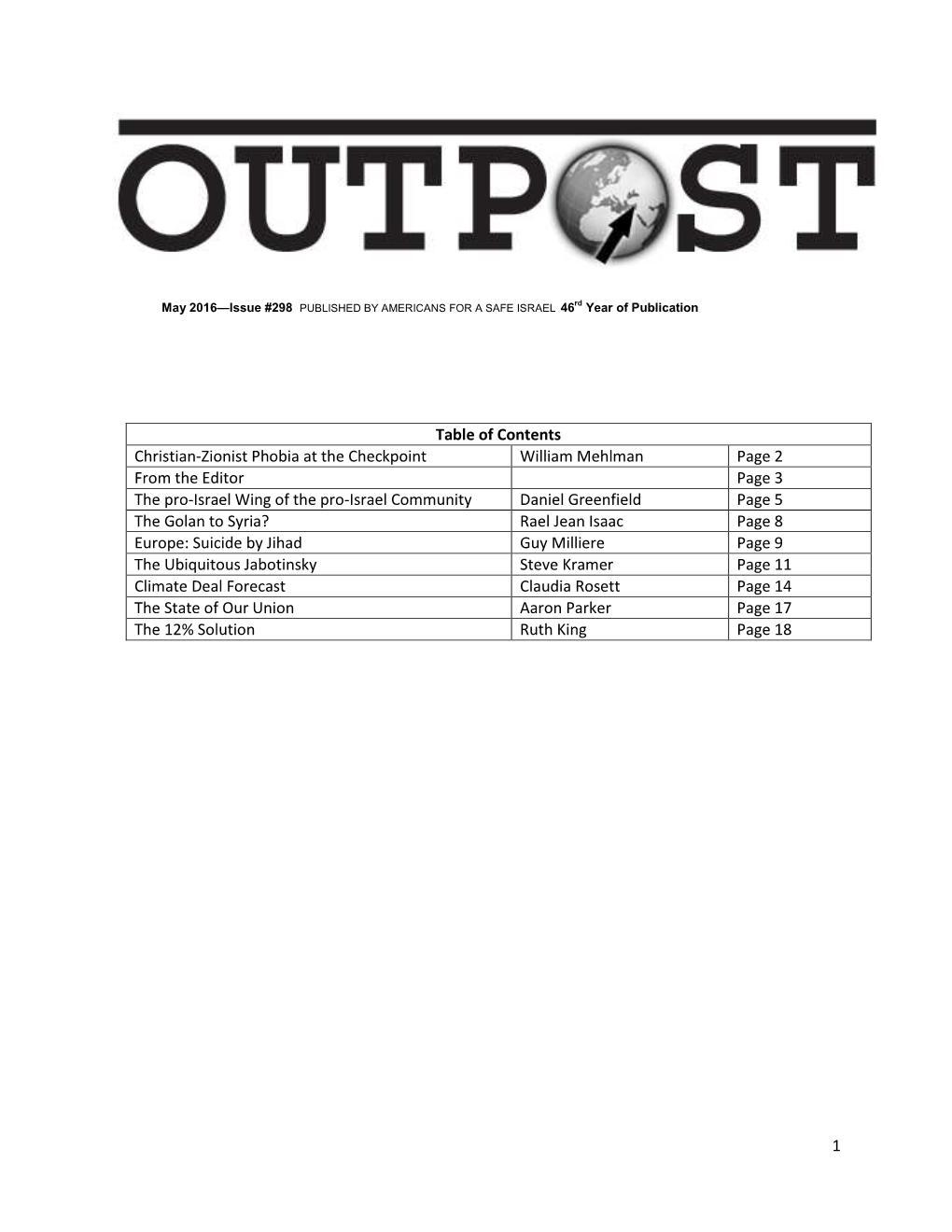 1 Table of Contents Christian-Zionist Phobia at the Checkpoint William