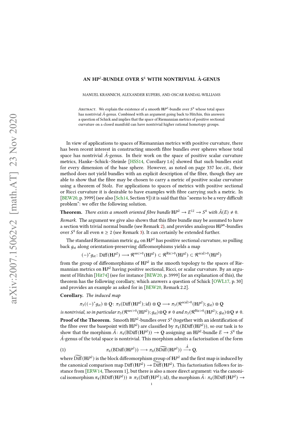 Arxiv:2007.15062V2 [Math.AT] 23 Nov 2020 Where Theorem