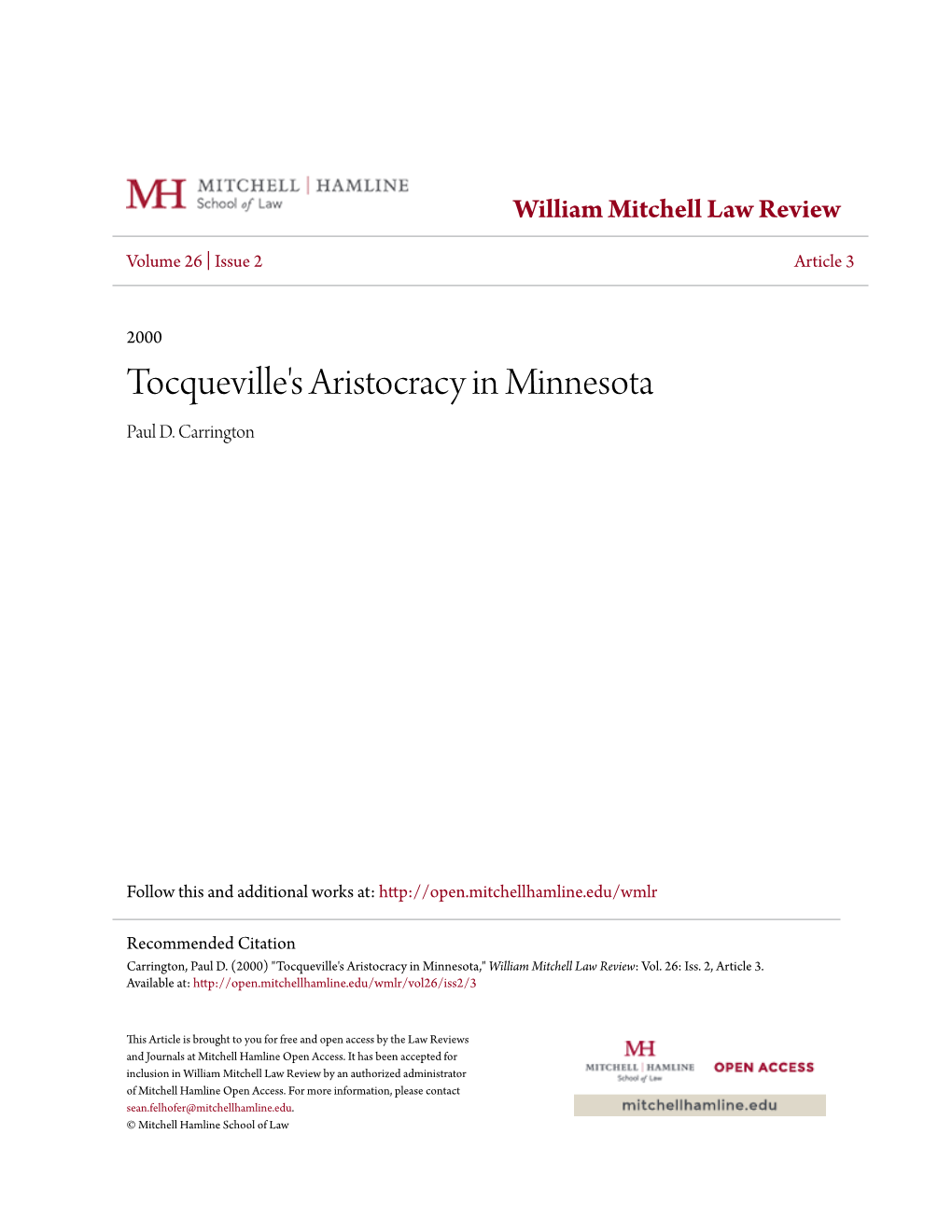 Tocqueville's Aristocracy in Minnesota Paul D