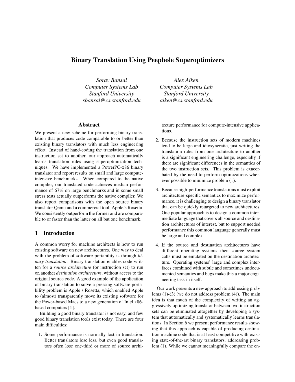 Binary Translation Using Peephole Superoptimizers