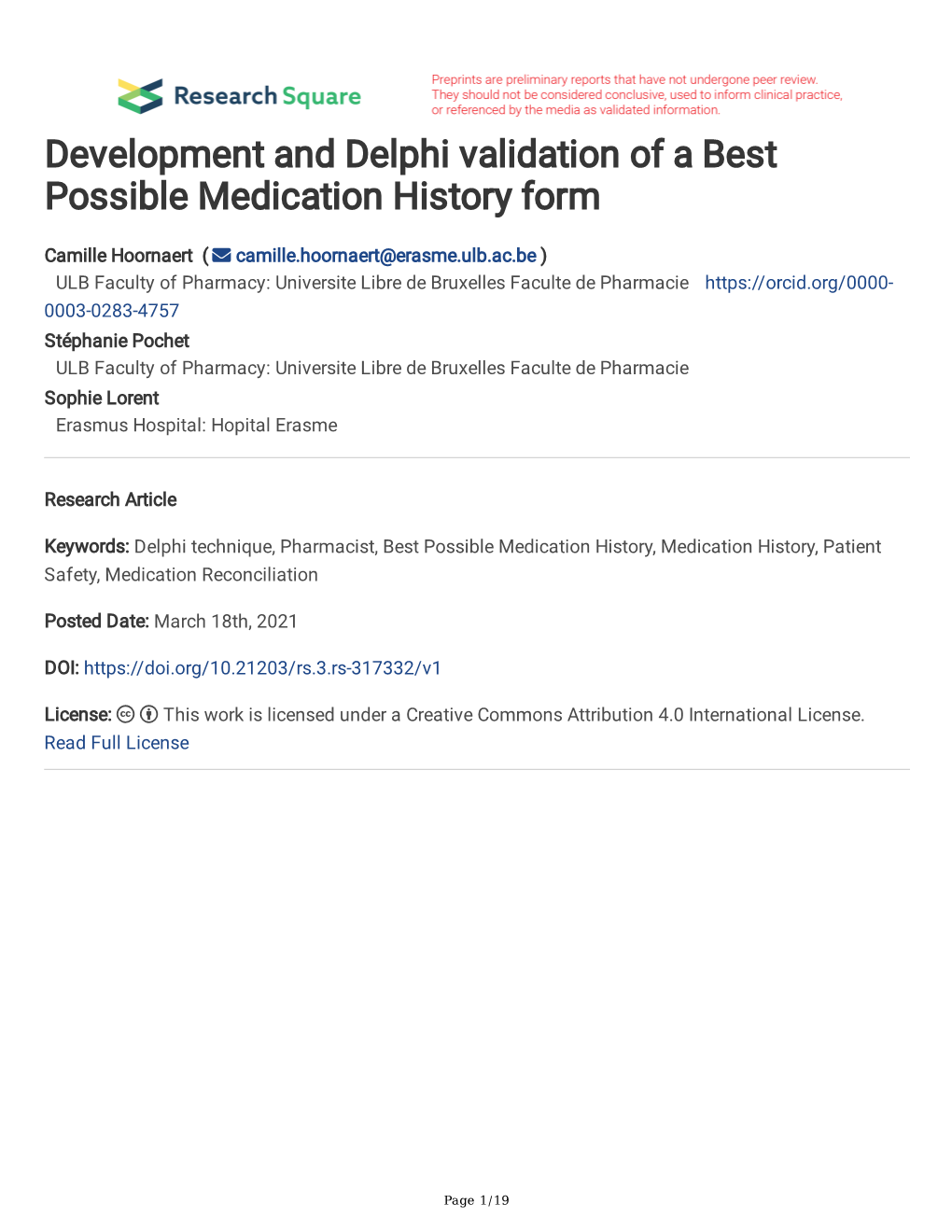 Development and Delphi Validation of a Best Possible Medication History Form