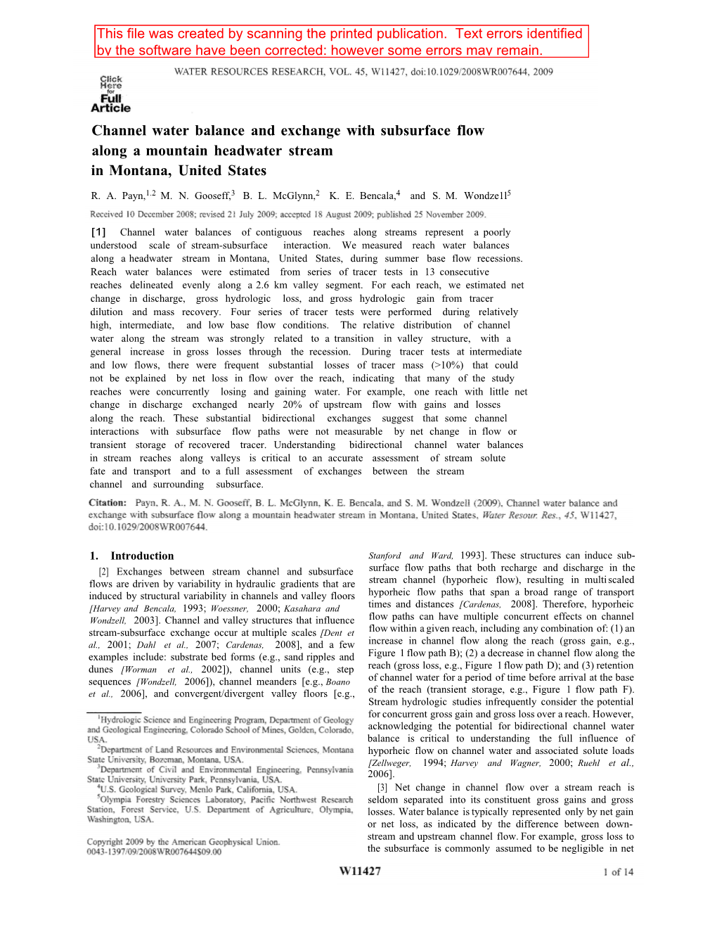 Channel Water Balance and Exchange with Subsurface Flow Along a Mountain Headwater Stream in Montana, United States