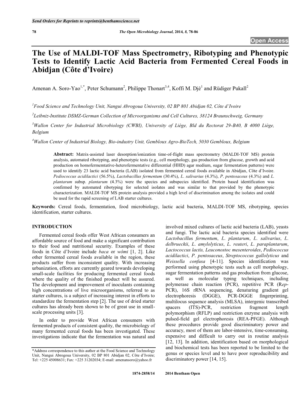 The Use of MALDI-TOF Mass Spectrometry, Ribotyping and Phenotypic Tests to Identify Lactic Acid Bacteria from Fermented Cereal Foods in Abidjan (Côte D’Ivoire)